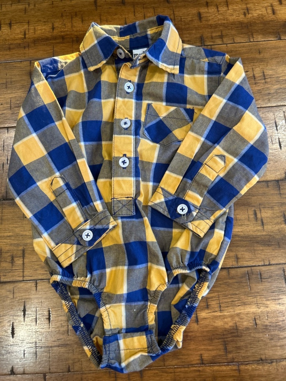 Plaid Button-Front Long Sleeve Baby Bodysuit in Yellow & Blue